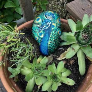 Handpainted peacock garden decor rock