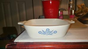 Blue and white corningware dish