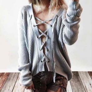 Grey Lace Up Sexy Sweater