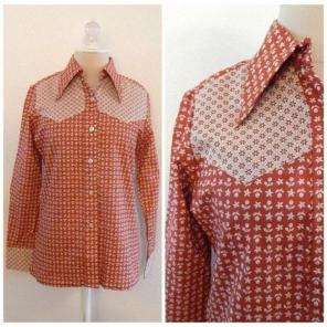 Vintage 70s Fall Orange Floral Blouse
