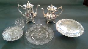 7 pc silver plate and glass set