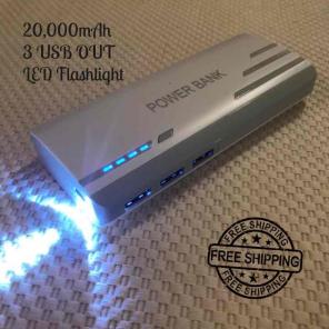 GREY 20,000mAh Power Bank 3 Out & Light