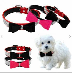 Plush Bowtie Crystal Leather Dog Collar
