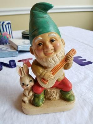 Vintage Gnome playing Guitar w/ Rabbit