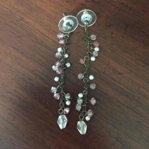Pink and white beaded dangle earrings