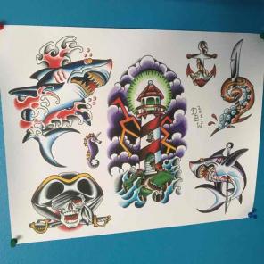 Nautical shark ocean tattoo flash print