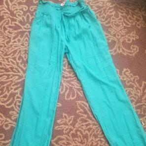 Turquoise Linen Flare Leg Pants