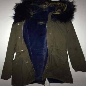 Olive Green Parka With Royal Blue Fur