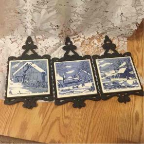3 Cast Iron & Porcelain Pot Holders