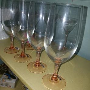 4 vintage pink glass long stem goblets