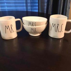 rae dunn mr. and Mrs. mug and bowl set