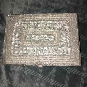 Bejeweled silver beaded box with mirror