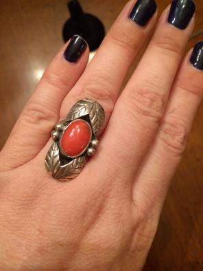 Red coral and sterling ring 7