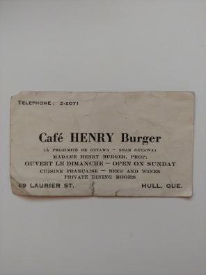 Cafe Henry Burger Business Card Canada