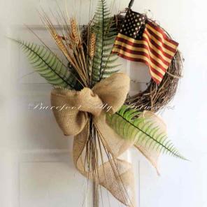 Rustic Flag Patriotic Wreath Burlap Bow