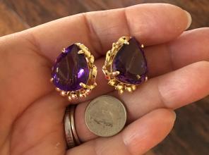 LARGE PEAR SHAPED 14K AMETHYST EARRINGS