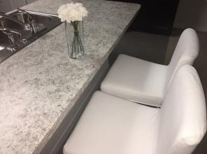 Two White Fabric High Bar Chairs.