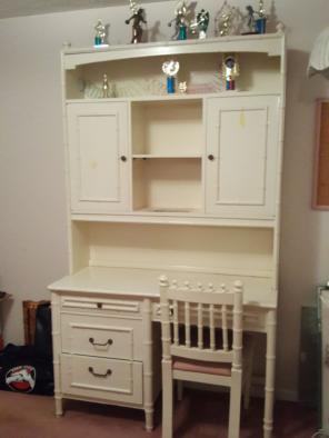White Teak Wood Desk, Cabinet, Chair.