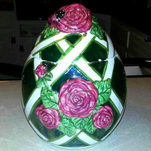 EGG SHAPED W/FLOWERS& LADYBUG COOKIE JAR