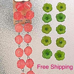 Pink Rose Green Flower Bead Bundle 24 Pc
