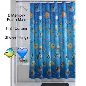 New Bath Set - Curtain, Rings, Mats