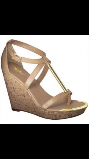 Nude And Gold T Bar Wedge Sandal Heel