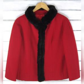 60s JACKIE O Red Jacket Black Fur Trim S