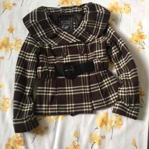 Brown and white plaid belted jacket.