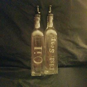 Hand engraved oil and dish soap bottles