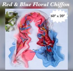 Red & Blue Floral Chiffon Scarf