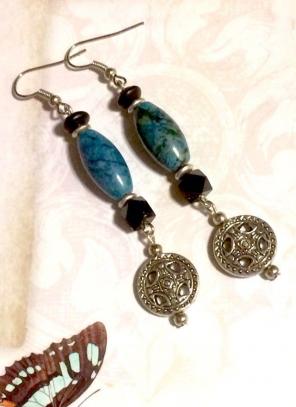 Black Bead Blue Stone SP Cross Earrings