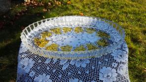 Pressed glass platter with yellow detail