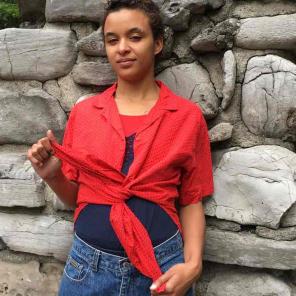 Vintage red & black polkadot button down