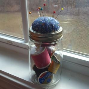 Glass jar pin cushion and storage