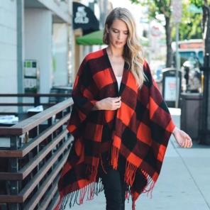 Red & Plaid buffalo Check Tassel Poncho
