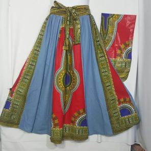 African Dashiki Denim Wrap Red Skirt
