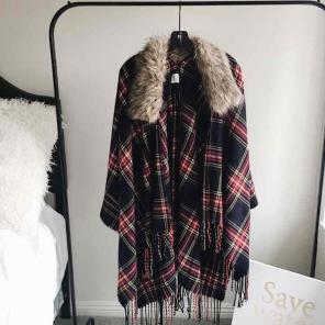 Plaid Faux Fur Poncho