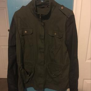Green Army Jacket With Pu Leather Sleeve