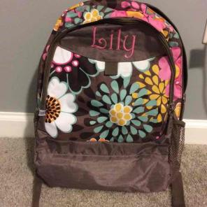 Bookbag with "Lily" monogrammed on front