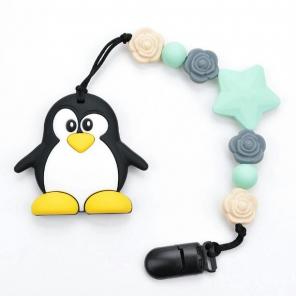 Silicone teething penguin clip on toy