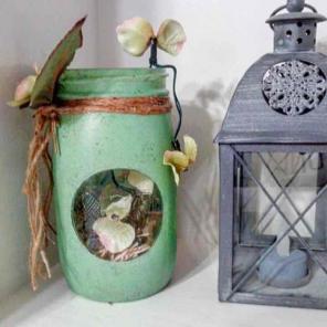 Shabby chic green mason jar lantern vase