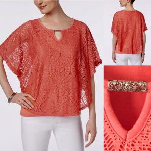Lace Keyhole Coral Poncho Top Sz M