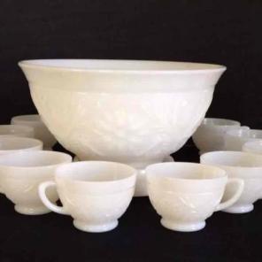 Milk glass punch bowl with vase & 8 cups