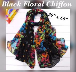Black Chiffon Scarf With Floral Print