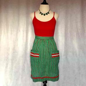 SALE Vtg Red Heart Green Striped Apron
