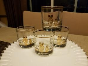 Vintage lowball glasses raised gold owls