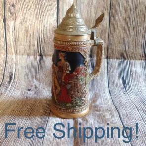 Vintage Antique German Lidded Beer Stein