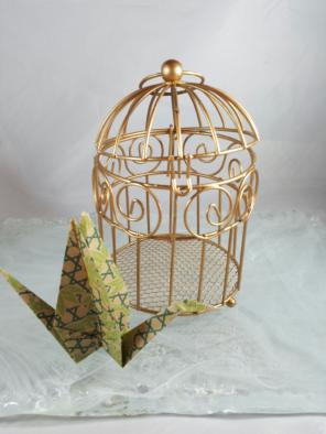 Mini metal gold Birdcage w origami swan