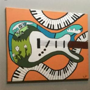 Retro guitar and vw bus canavad