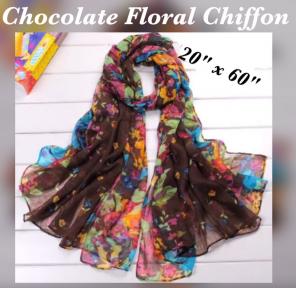 Chocolate Brown Floral Chiffon Scarf